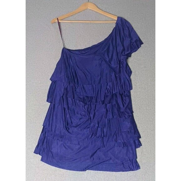 BCBGMaxAzria Dresses & Skirts - BCBG Maxazria One Shoulder Tiered Ruffle Layered Mini Cocktail Dress L Blue Y2K